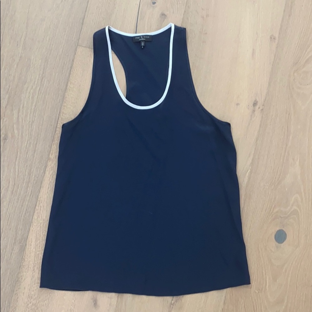 🌱 XS Rag and Bone Navy and White 100% Silk Blouse. Great Basic!